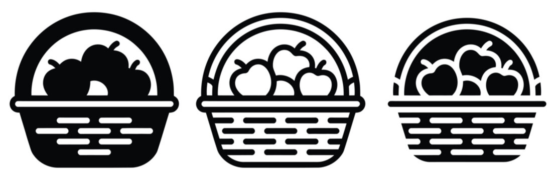 Three black and white icons of baskets filled with apples in different styles for design and branding use