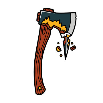 Cartoon axe with broken blade stuck.