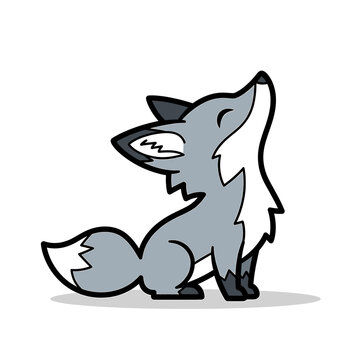 Cartoon grey wolf looking upwards standing.