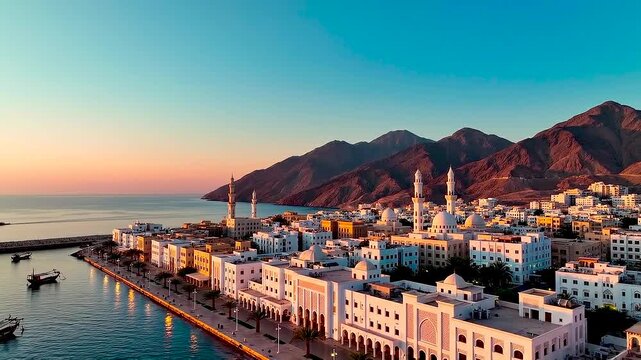 Aerial panoramic view of the historic mutrah corniche waterfront in muscat oman at golden sunset