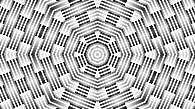 Geometric kaleidoscope patterns radiate from a central point. Black and white stripes form intricate.