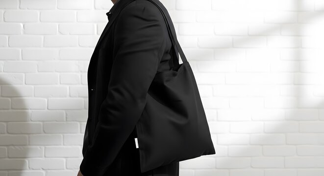 Minimalist Black Tote Bag Worn by Person in Black Blazer.