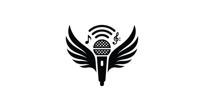 Microphone with wings and musical notes a black silhouette mic vocal