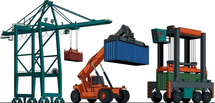 Industrial Port Shipping Container Logistics Machinery Vector Set with Gantry Crane, Reach Stacker, and Straddle Carrier Illustrations for Global Trade