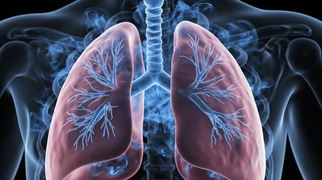 Human lungs with bronchi and trachea are visible in the chest cavity