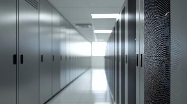 A sleek data center hallway with server racks and bright light