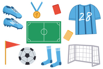 Football and Soccer Sports Equipment Vector Set with Ball, Goal, Blue Team Jersey, Cleats,  Football Socks and Match Accessories. Minimalist vector sport illustration elements on a white background. © Nataliia