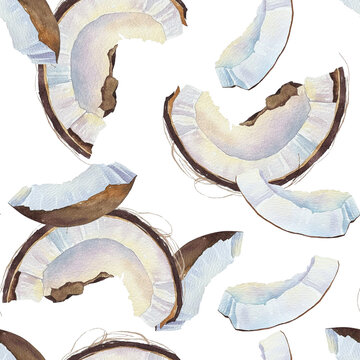 Watercolor seamless pattern with coconut pieces in white and brown minimalist tropical style. Illustration for packaging, textile, cosmetics, menu and summer decor.