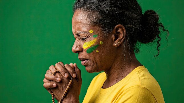 Woman with yellow and green face paint praying with rosary beads, World Cup fan theme