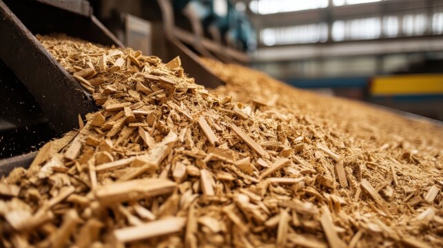 Close up of wood chips and sawdust at an industrial factory