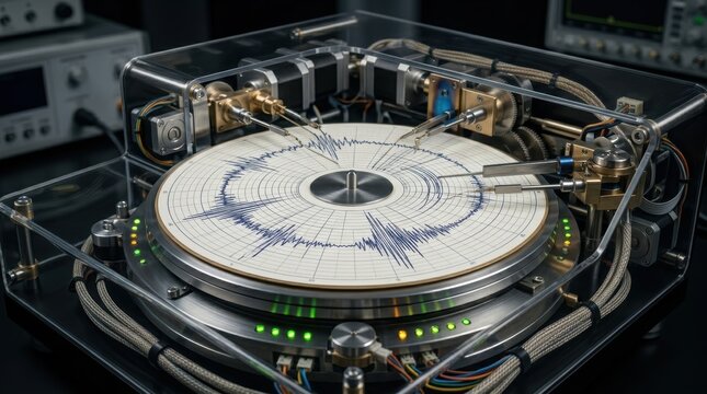 Seismograph machine with a circular paper roll and blue waveform lines