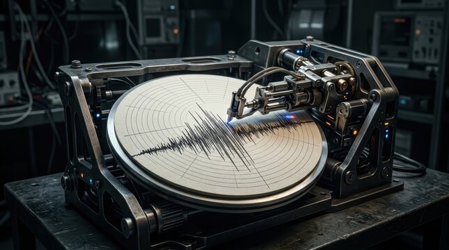 Seismograph machine with a large circular paper roll recording seismic activity