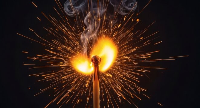 Burning match head explodes in sparks and smoke on dark background