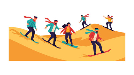 Sandboarding Adventure: A group of friends enjoys thrilling sandboarding down golden dunes, with colorful scarves fluttering in the desert wind, embodying fun and active recreation. © abidakhatun