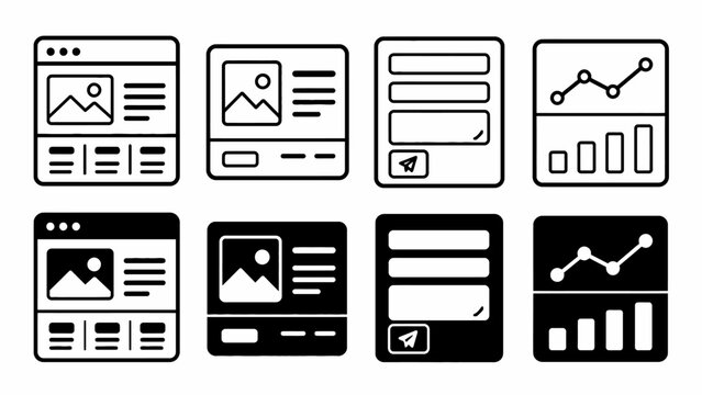 Set of minimalist web and app layout icons in black and white