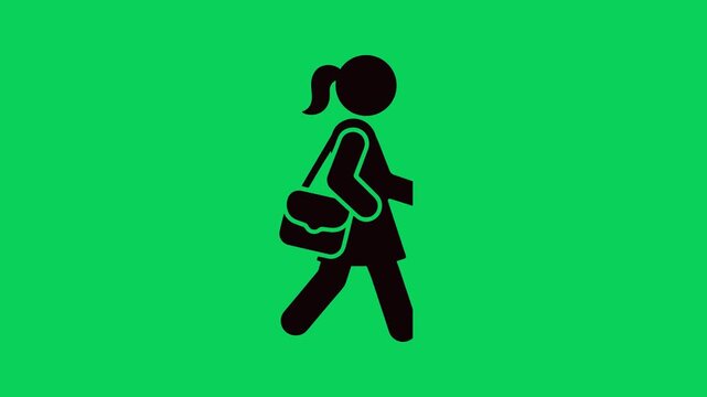 walking backpack person icon animation on green screen, student walking silhouette motion graphic video backdrop, traveler with backpack symbol on chroma key screen
