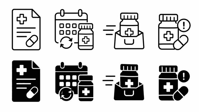 Medication management icons: prescription, calendar, refill, alert symbols