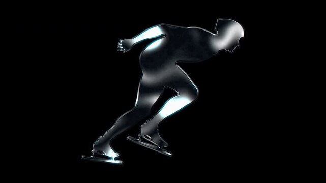 Silver metallic speed skater cornering on rink silhouette. Alpha channel. Seamless loop video.