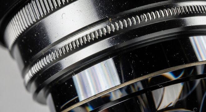 Closeup of a camera lens showing detailed grooves and reflections