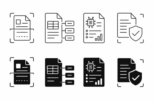 Set of document icons: data sheets, security check, network diagram, analytics documents