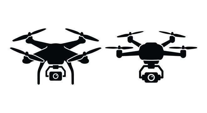 Two black drone silhouettes with visible propellers and cameras against a white background silhouette