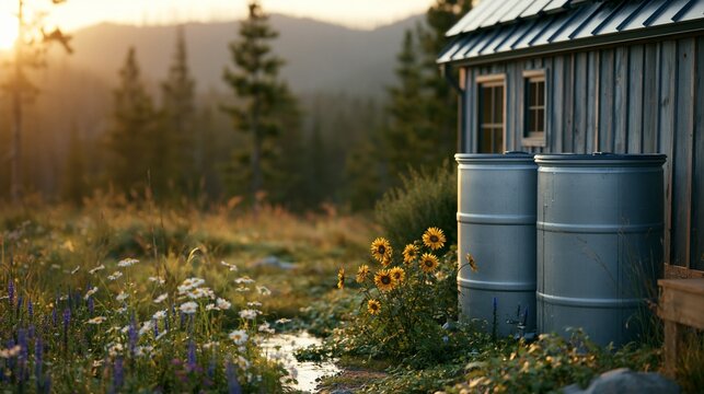 Closeup on rainwater barrels beside a tiny house with bifacial solar tiles sharp focus on barrels and wildflowers while alpine meadow and pine ridges softly fade in a warm golden