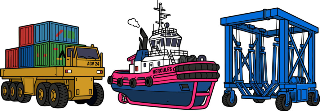 Maritime Port Logistics Vector Set Featuring Container Truck Tugboat and Straddle Carrier Crane for Shipping Cargo Freight Transport and Industry Infographics