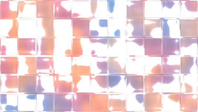 Soft and aesthetic abstract geometric background showing a grid of 3D transparent glass squares refracting light pastel pink, peach, and blue fluid gradients