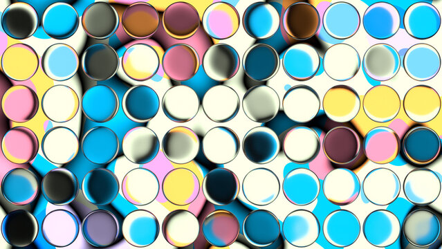 Colorful abstract geometric background featuring a grid of 3D transparent glass circles refracting vibrant blue, pink, and yellow liquid gradients