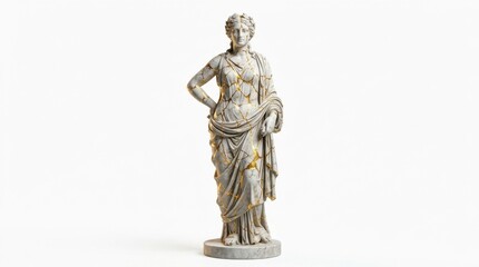 Obraz premium Classical Greek Marble Goddess Statue Repaired with Gold Kintsugi Technique, Concept of Healing and Beauty in Imperfection, Isolated on White Background