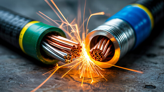 Industrial electrical cable with exposed copper wires creating sparks during power connection