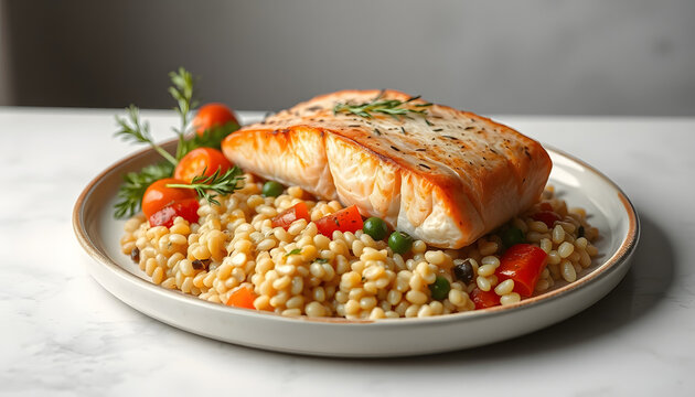 Roast salmon with groats and vegetables, smooth light. White tone