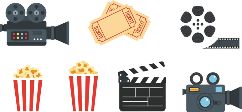 Cinema entertainment icons collection featuring cameras popcorn tickets film reels and movie production elements