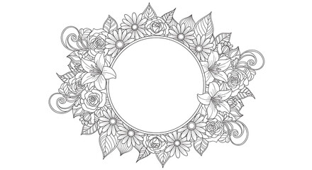 Obraz premium Floral oval frame with flowers and leaves for coloring book pages and creative projects transparent background