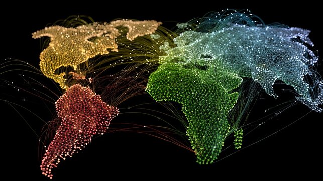 A vibrant digital illustration of the world map made up of tiny dots and connected lines on a black background
