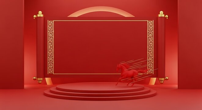 Red stage with golden scroll, a running horse, and a round platform, all in vibrant red