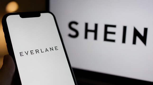 Everlane and Shein corporate logos displayed on digital screen.