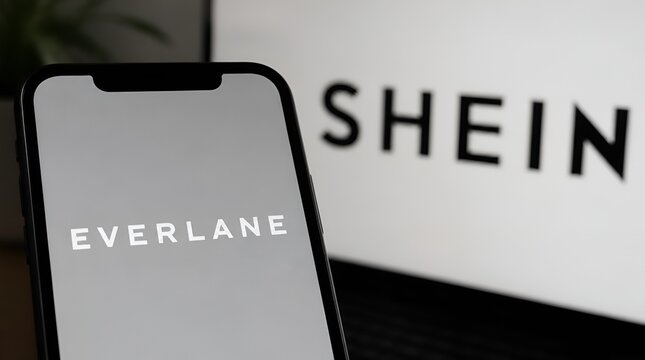 Everlane and Shein logos displayed on smartphone and monitor.