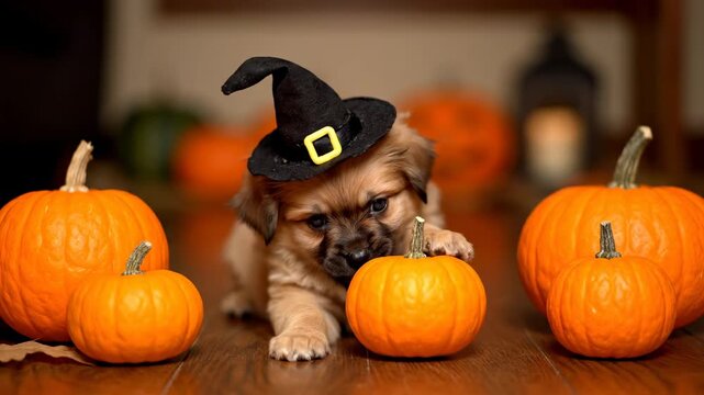 A puppy wearing a witch hat sits with pumpkins, celebrating Halloween