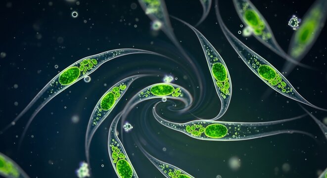 Green paramecium protozoa swirl in a dark microscopic environment