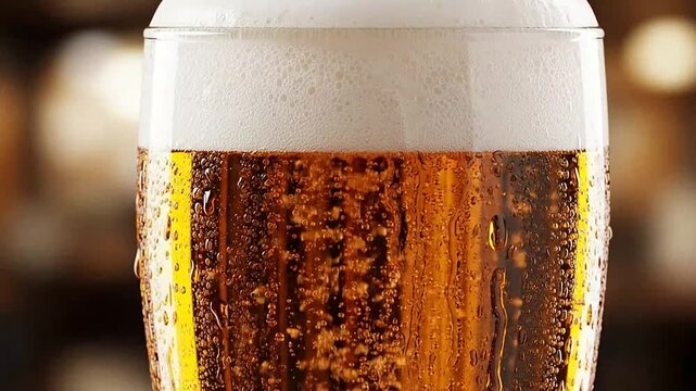 Close-up of a glass filled with frothy beer.