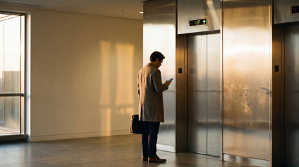 Fototapeta premium Business Professional Waiting for Elevator in Modern Office Lobby
