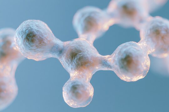 Close up conceptual image of glowing molecular hormone structure with interconnected atoms and bonds against a soft blue background, representing scientific and biological themes