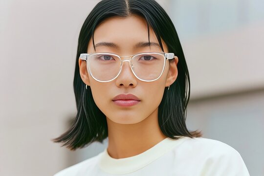 Young East Asian woman with sleek black hair wearing clear glasses and a light-colored top, posing against a blurred urban background in a medium shot