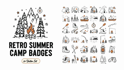 Retro summer camp badges, 30 vector set of outdoor adventure icons, hand drawn mountain camping illustrations, vintage wilderness hiking symbols © ya Allah madad