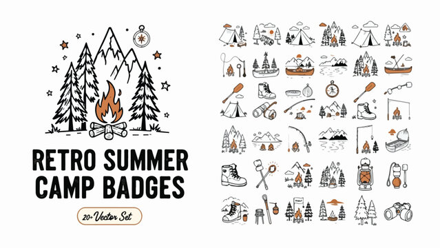 Retro summer camp badges, 30 vector set of outdoor adventure icons, hand drawn mountain camping illustrations, vintage wilderness hiking symbols