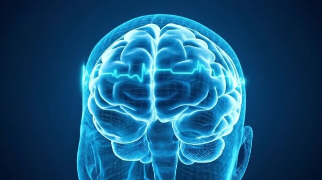 Blue hologram scan of a human brain with a neural wave. Suitable for medical presentation, science education, documentary, and research.