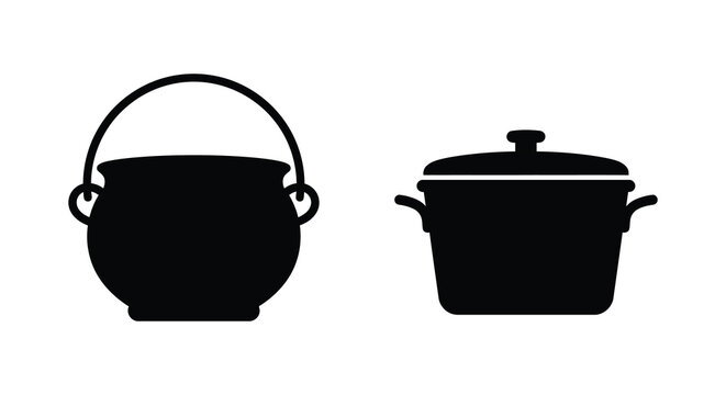 Two black cookware silhouettes a cauldron and a covered pot against a white background silhouette