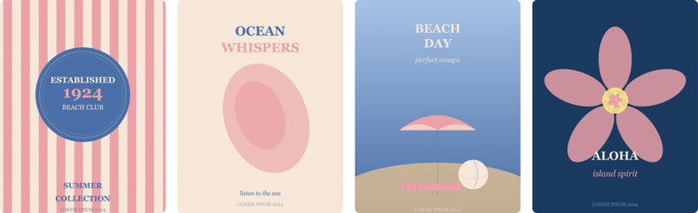 Beach club vintage inspired posters with striped patterns flower symbols and summer holiday scenes. © MDJahangir