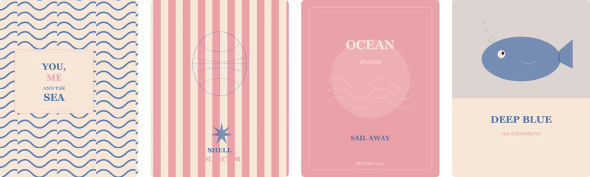 Minimalist summer postcard collection featuring nautical patterns ocean wave illustrations and text.